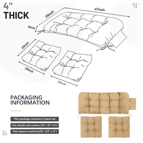 3 Piece Outdoor Wicker Chair Cushions Set For Patio Loveseat And Chaise 47x19x4 Inch Waterproof Cushions With 2 19x19x4 Inch Chair Cushions Khaki