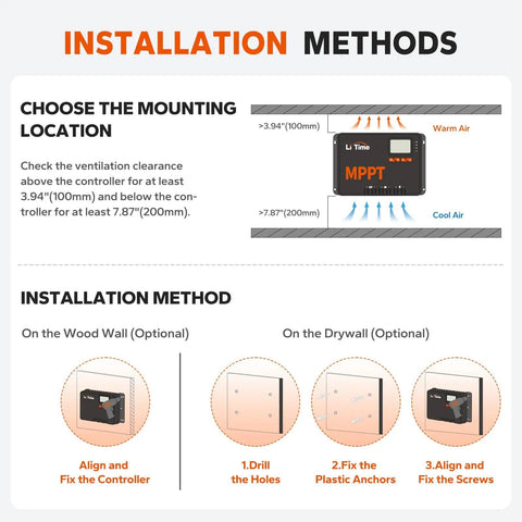 Diagram showing installation methods for 30 Amp MPPT Solar Charge Controller With Built In Bluetooth And LCD Display Auto 12V 24V Input LED Indicators For Easy Battery Charging And Smart Panel Power Management For RVs Off Grid And Home Solar Systems.