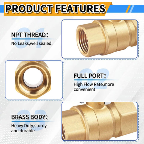 1/2 Inch Brass Ball Valve Set Heavy Duty Full Port Forged Brass Shut Off Valves Female NPT To Female NPT Thread 2 Pack