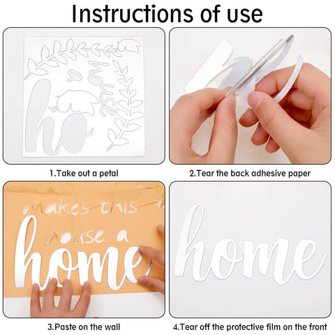 Instructions for 3D Acrylic Mirror Wall Decor Kit With Family Makes This A Home Quote, showing decal application steps.