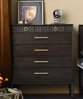 Dark dresser with 3 Inch Solid Brass Cabinet Pulls Round Bar Handles Brushed Gold, 4 Pack visible in a bedroom setting.