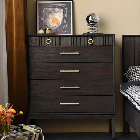 Dark dresser with 3 Inch Solid Brass Cabinet Pulls Round Bar Handles Brushed Gold, 4 Pack visible in a bedroom setting.