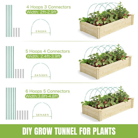 Diagram showing Fiberglass Garden Hoops Pack 36 Pcs 8 Feet Each With PVC Coating for different raised bed sizes.