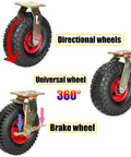 Rock Solid Heavy Duty Swivel Casters Rated 900 Lbs 6 Mm Steel Rubber Body Dual Ball Bearings 360 Spin Vacuum Tire External Inflator Port Slip Resistant Wear Resistant For Forklift And Workshop Gear showing directional, universal, and brake wheels.