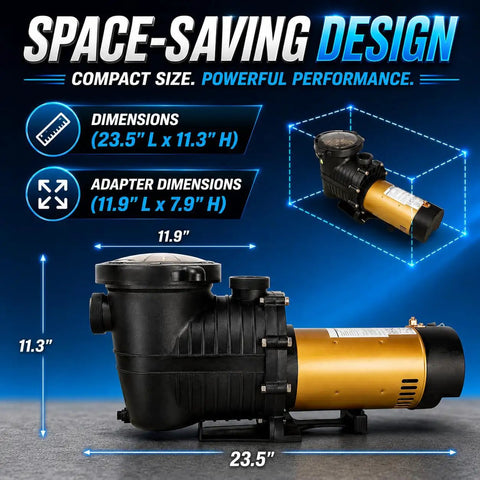 Built Like A Tank Dual Speed In Ground Swimming Pool Pump And Spa Hot Tub Filter Rig 1.75HP 230V with dimensions 23.5"L x 11.3"H.