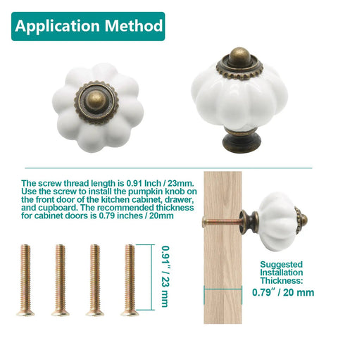 Top Shelf Vintage White Ceramic Pumpkin Cabinet Knobs Totally Bangin Styles For Kitchen Drawers And Bedroom Dressers Gonna Upgrade Any Space Quick Install 12 Piece Hardware Bundle Included application method with screw lengths shown.