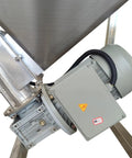 Close-up of stainless steel screw conveyor with vibrating hopper and 110V 1100W motor, industrial auger feeder system.