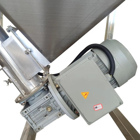 Close-up of stainless steel screw conveyor with vibrating hopper and 110V 1100W motor, industrial auger feeder system.