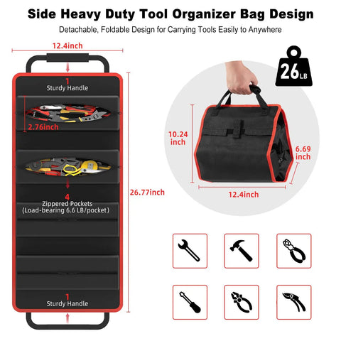 Side view of Power Tool Organizer Cart With Charging Station And Heavy Duty Tool Bag For Garage And Workshop, tool bag detail