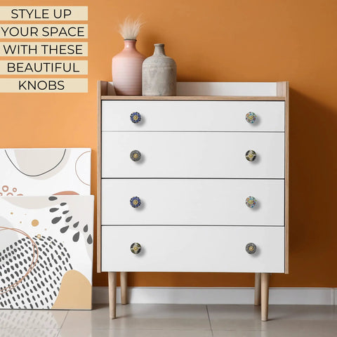 Multicolor Ceramic Cabinet Knobs Set Of 25 Hand Painted Antique Floral on modern white dresser in stylish room decor