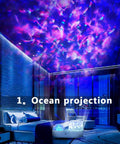 Starry Night Light Projector For Kids Dual Mode Sea And Galaxy Nebula With 360 Degree Rotation Creates Cozy Bedtime Vibe Sleep Aid And Relaxation Lamp displaying ocean projection in bedroom.