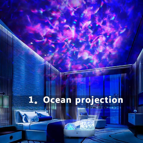 Starry Night Light Projector For Kids Dual Mode Sea And Galaxy Nebula With 360 Degree Rotation Creates Cozy Bedtime Vibe Sleep Aid And Relaxation Lamp displaying ocean projection in bedroom.