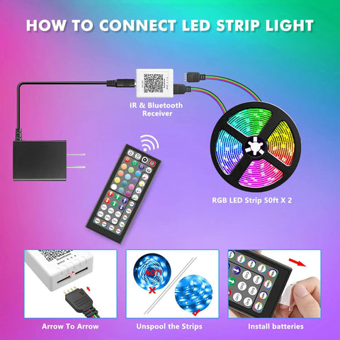 How to connect 50 Feet LED Strip Lights for Bedroom With Music Sync Color Changing Smart App Control and Remote Built In Microphone
