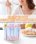 360 Degree Spin Drink Packet Organizer For Pantries And Cabinets holding mouthwash sachets beside breakfast setup.