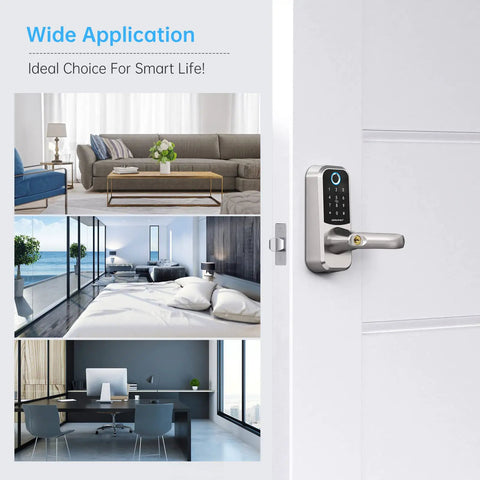Smart Door Lock With Fingerprint And Keypad, Bluetooth App Control, IC Cards, Code Access, showing use in apartments and offices