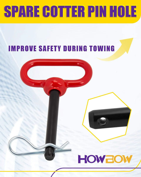 Half Inch Trailer Hitch Pin And Clip With Rubber Coated Red Handle Built Tough For Towing And Quick Release, shown with spare cotter pin hole and clip