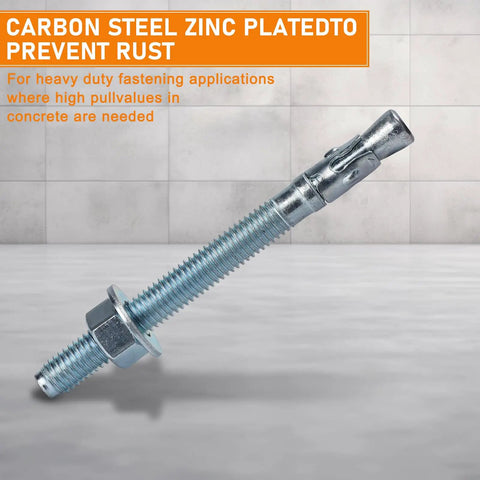 10 Pack Tough As Nails 1/2 X 3 3/4 Inch Zinc Plated Carbon Steel Wedge Anchors For Concrete Brick Masonry on a gray background.