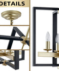 Close-up of Industrial Lantern Chandelier with Four Lights, Modern Geometric Semi Flush Mount Ceiling Light, Black and Champagne Gold