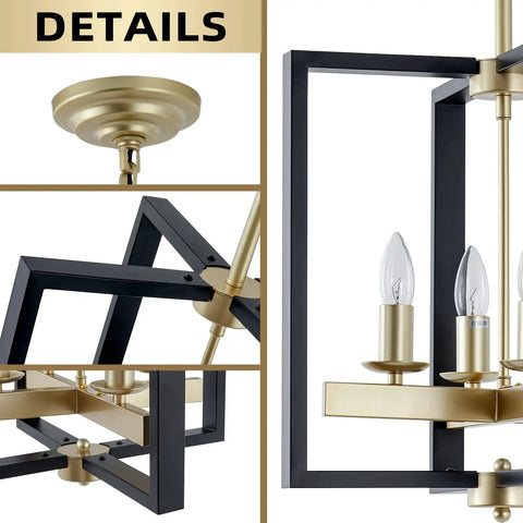 Close-up of Industrial Lantern Chandelier with Four Lights, Modern Geometric Semi Flush Mount Ceiling Light, Black and Champagne Gold