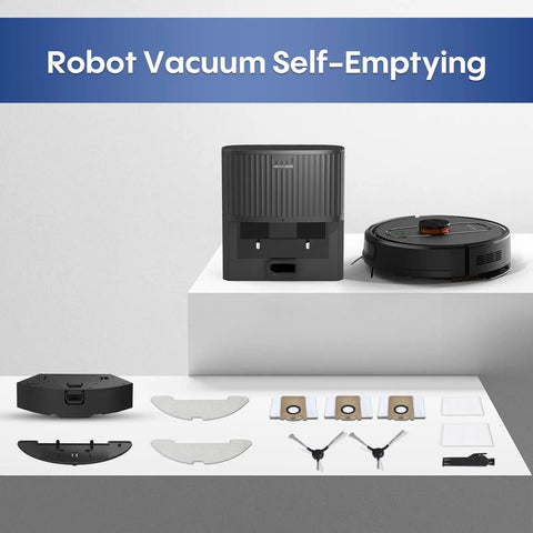 Robot Vacuum And Mop Combo With 6000Pa Monster Suction LiDAR Navigation Self Emptying Dock shown with accessories