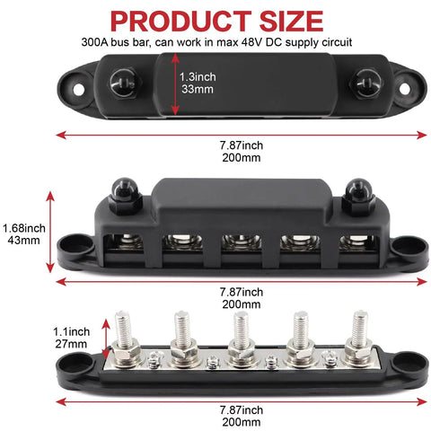 Beast Grade 300A M8 Bus Bar With 12V To 48V Battery Terminal Power Distribution Block size dimensions and layout overview.