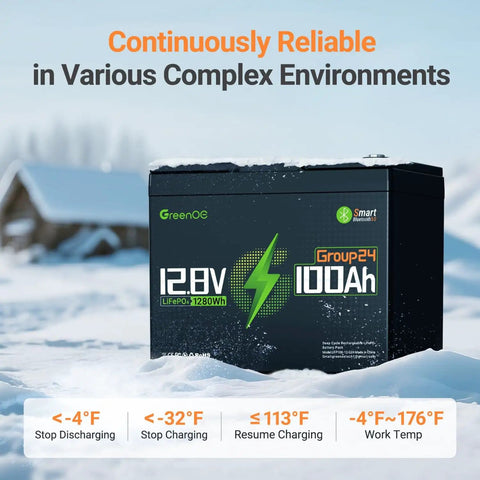 12V 100Ah LiFePO4 Battery Group 24 with Bluetooth real-time monitoring in a snowy environment for RV and trolling motor use.
