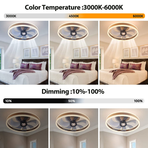 Bladeless 20 Inch Flush Mount Ceiling Fan With Light Remote And Smart App Control 360 Degree Oscillation Low Profile Enclosed Ceiling Fan With LED Lighting Gold Finish in bedroom setting showcasing adjustable LED color temperature and dimming.