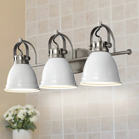 Three Light LED Vanity Light With Adjustable Wall Sconce In White Nickel Finish For Bathroom Mirror Farmhouse Bohemian Kitchen Look Iron Black Bell Shade Energy Efficient Bulbs Included