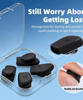 4 black silicone ear grips in storage box with measurements and detail of flexibility; 2 Pairs Eyeglass Ear Grips For Meta Smart Glasses Wayfarer Skyler Headliner Gen 2 Anti Slip Silicone Retainers Cushions For A Secure Comfortable Fit That Stays Put All Day Eyewear Accessories.