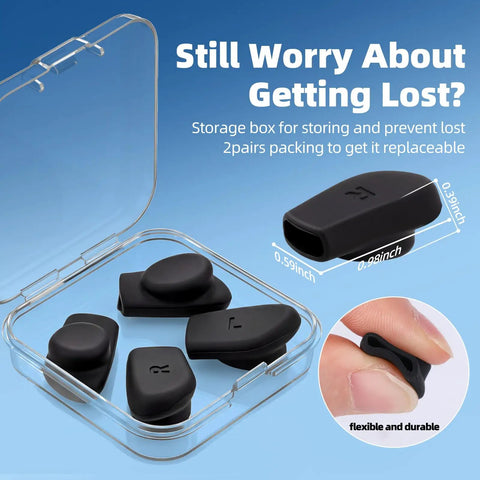 4 black silicone ear grips in storage box with measurements and detail of flexibility; 2 Pairs Eyeglass Ear Grips For Meta Smart Glasses Wayfarer Skyler Headliner Gen 2 Anti Slip Silicone Retainers Cushions For A Secure Comfortable Fit That Stays Put All Day Eyewear Accessories.