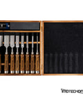 Pro-Grade 10-Piece Woodworking Chisel Set With Wooden Box, Honing Guide, Sharpening Stone displayed in open wooden case