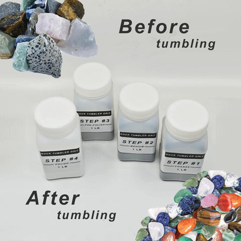 4 Step Rock Tumbler Grit And Polish Refill Kit With Silicon Carbide Grit For Coarse To Final Polish Includes 60 180 400 1000 Grits For Any DIY Rock Tumbler Or Stone Polisher showing jars and polished stones