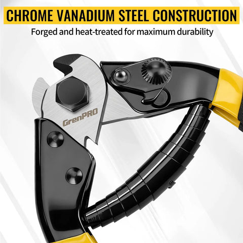 Close-up of Beefy 7-1/2 Inch Heavy Duty Wire Rope Cutter With Chrome Vanadium Steel Jaw, showing durable construction.