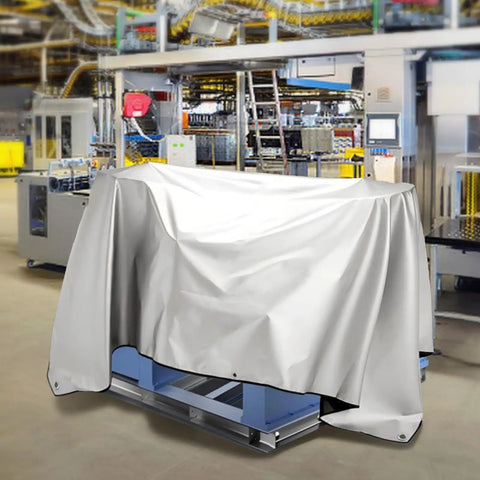 Top Shelf Jumbo Machine Cover Tough As Nails Breathable Rust Proof Fabric over machinery in industrial setting, 57x38 inches.