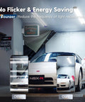 Garage with Linkable 10 Pack LED Shop Lights 4 Foot, 4400 Lumens, 6500K Cool Daylight, showcasing installed lights over a car