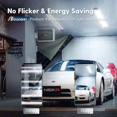 4 Pack Linkable LED Shop Lights For Garage, 4400 Lumens, 6500K Cool Daylight illuminating a garage with a car inside