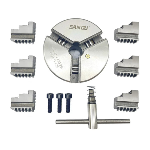 4 Inch 3 Jaw Self Centering Lathe Chuck 100mm with internal and external jaws and installation kit components for CNC milling and wood turning.