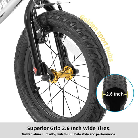Close-up of 20 Inch Kids Bike For Boys And Girls Aged 7 To 10 With High Carbon Steel Frame showing front tire and golden hub.