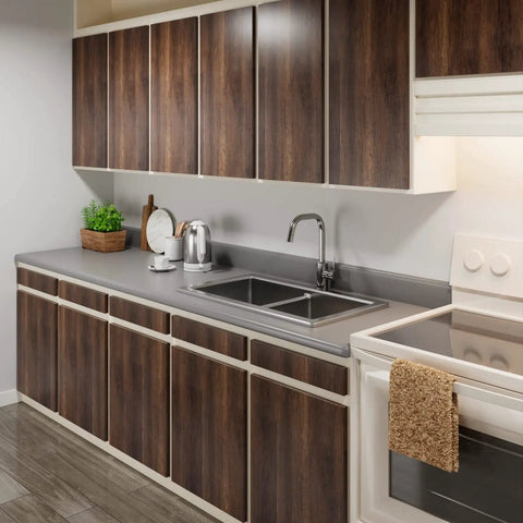 Wood Grain Peel And Stick Contact Paper DIY Friendly Self Adhesive Removable Brown Wood Wallpaper covering kitchen cabinets.