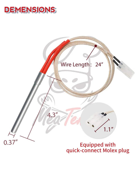 Two Pack Heavy Duty AC Grill Igniter Replacement For Pellet Grills And Smokers with 24-inch wire and Molex plug