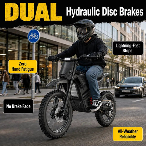 Heavy Duty Off Road Electric Dirt Bike With A Beast Mode 60V 30Ah Battery And 6000W Peak Motor featuring dual hydraulic disc brakes.