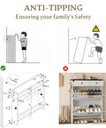 Anti-tipping safety illustrations and setup for Farmhouse Narrow Shoe Cabinet With Odor Control Deodorizer 2 Flip Drawers.