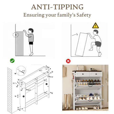 Anti-tipping safety illustrations and setup for Farmhouse Narrow Shoe Cabinet With Odor Control Deodorizer 2 Flip Drawers.