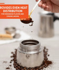 Stainless Steel Stovetop Espresso Coffeemaker SixCup Silver For Bold Home Brews, bottom chamber with coffee grounds and beans