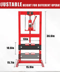6 Ton Hydraulic Shop Press H Frame Garage Floor Press With Pressure Gauge showing adjustable height and dimensions of 36.6in.