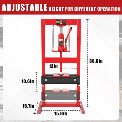 6 Ton Hydraulic Shop Press H Frame Garage Floor Press With Pressure Gauge showing adjustable height and dimensions of 36.6in.