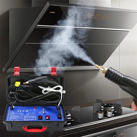 Portable Cordless Steam Cleaner For Car And Home Use emitting steam from nozzle while cleaning kitchen appliance.
