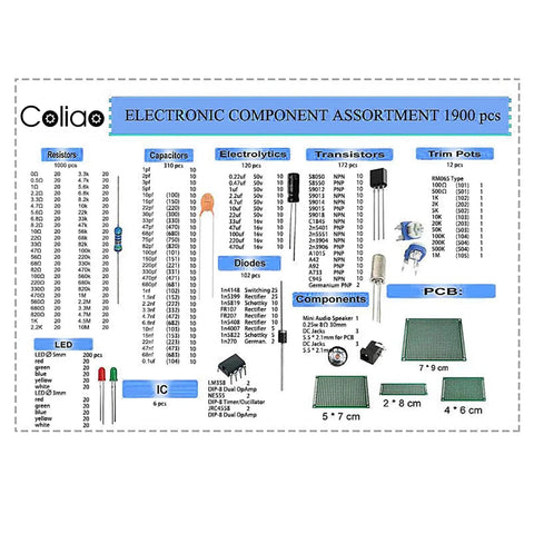Image showing contents of Massive 1900Pcs Electronics Component Kit Bundle with LED Diodes, Resistors, Capacitors, and PCBs.