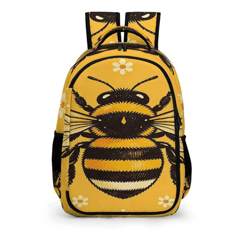 Golden Bloom Bumblebee Printed Unisex Backpack with large capacity for school and travel, durable polyester, front view