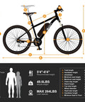 Diagram with measurements of Electric Bike For Adults With 1000W Peak Motor 20 MPH Top Speed 360Wh Removable Battery 26 Inch Tires